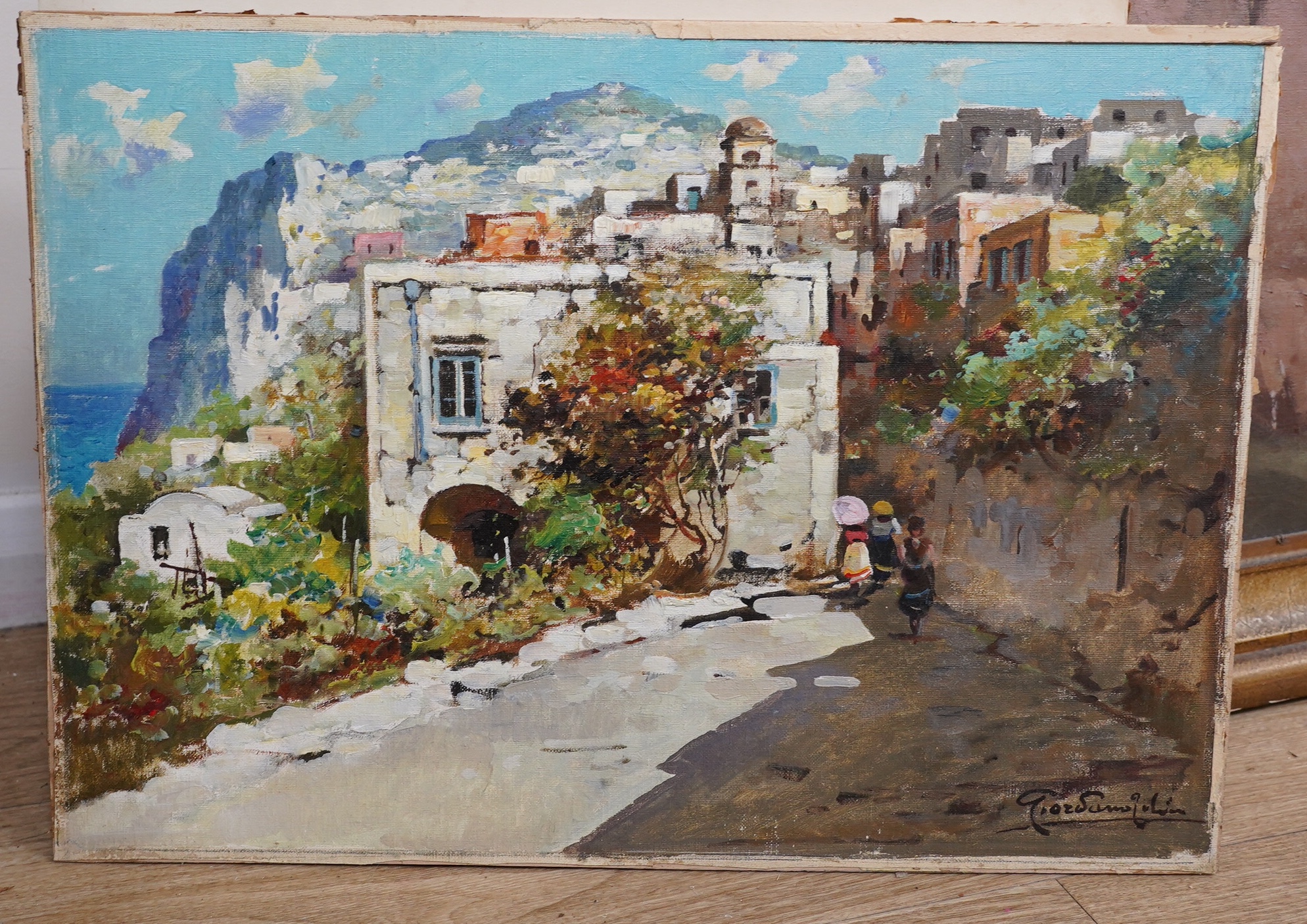 Continental School, oil on board, Italian hillside landscape with villas, together with two watercolours, including Edward Smith (Exh. 1904-1923) 'Awaiting his master's return', largest 36 x 51cm, two unframed. Condition